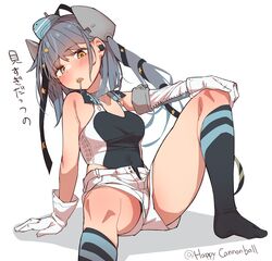  absurdres aqua_hat black_one-piece_swimsuit black_ribbon breasts female garrison_cap gloves grey_hair hair_ornament hair_ribbon hat highleg highleg_swimsuit highres kantai_collection long_hair one-piece_swimsuit ribbon scamp_(kancolle) shiawase_hougan shorts side_ponytail solo star_(symbol) star_hair_ornament swimsuit white_gloves white_shorts 