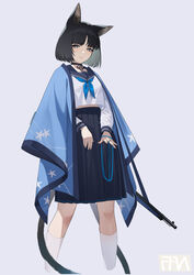  absurdres animal_ears black_hair blue_archive blue_string bright_pupils cape cat_ears choker commentary feet_out_of_frame female highres kikyou_(blue_archive) kneehighs long_sleeves looking_at_viewer multiple_tails no_halo school_uniform see-through see-through_shirt see-through_silhouette shirt short_hair skirt socks solo tail two_tails vanille5454 white_pupils 