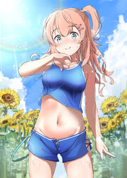  blue_eyes blue_shorts blue_sky blue_tank_top boku_to_kanojo_no_onani_life closed_mouth cloud cloudy_sky commentary_request cowboy_shot cropped_shirt day female flower groin hair_ornament hairclip light_brown_hair looking_at_viewer medium_hair midriff naomi_(boku_to_kanojo_no_onani_life) navel open_fly outdoors second-party_source short_shorts shorts side-tie_shorts sky smile solo spice_mega standing sunflower sunlight sweat tank_top white_sister_ram wiping_sweat yumehiko 