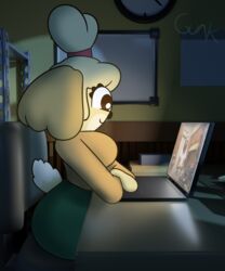  3d_background 5:6 absurd_res animal_crossing anthro bottomwear breasts canid canine canis clothing computer crossed_arms curvy_figure domestic_dog electronics female green_bottomwear green_clothing green_skirt guak hi_res humanoid inside isabelle_(animal_crossing) laptop looking_at_computer looking_at_laptop looking_at_object mammal mixed_media nintendo office orange_clothing orange_shirt orange_topwear shirt short_tail sitting skirt smile solo tail topwear youtube 