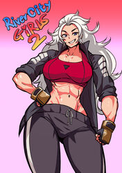  abs absurdres black_jacket black_pants blue_eyes breasts crop_top female fingerless_gloves ghgnvm gloves highres jacket kunio-kun_series marian_kelly midriff muscular muscular_female navel pants red_sports_bra river_city_girls river_city_girls_2 smile solo sports_bra upper_body white_hair 