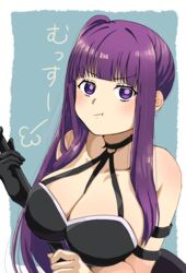  :t arm_strap bare_shoulders black_choker black_dress black_gloves breasts choker cleavage commentary cosplay dress female fern_(sousou_no_frieren) gloves halterneck highres keimei_kudou large_breasts looking_at_viewer purple_eyes purple_hair side_ponytail sidelocks single_glove solo sousou_no_frieren translation_request ubel_(sousou_no_frieren) ubel_(sousou_no_frieren)_(cosplay) upper_body 