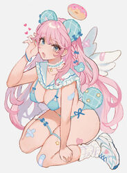  angel_wings animal_ears aqua_bra aqua_choker aqua_eyes aqua_headwear aqua_nails aqua_panties bandaid bandaid_on_arm bandaid_on_knee bandaid_on_leg bandaid_on_wing bear_ears bear_hair_ornament bear_tail blue_bow blue_bracelet bow bow_bra bra breasts claw_pose cleavage collarbone commentary crossed_bandaids curly_hair dot_nose doughnut english_commentary eyelashes female fingernails food frilled_sailor_collar frills grey_background hair_between_eyes hair_ornament hairbow halo heart highres jewelry large_breasts leg_warmers legs lingerie long_hair looking_at_viewer miyako_(xxxbibit) mole mole_on_breast mole_under_mouth nail_polish necklace oerba_yun_fang open_mouth original panties pink_doughnut pink_hair plaid_headwear ribbed_socks sailor_collar shoes short_tail side-tie_panties simple_background sitting skin_fang smile sneakers socks solo star_(symbol) star_necklace star_ornament tail teddy_bear_hair_ornament thigh_strap thighs underwear wariza white_footwear white_sailor_collar white_socks white_wings wings 