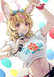  2024 :d absurdres animal_ear_fluff animal_ears arm_up balloon blonde_hair breasts commentary crop_top cropped_shirt dutch_angle female fox_ears fox_girl grin hair_ornament hairclip hand_up heart heart-shaped_pupils highres holding holding_microphone hololive hololive_summer_2023_swimsuit looking_at_viewer medium_breasts medium_hair messy_hair microphone midriff multicolored_hair multicolored_nails multiple_bracelets nail_polish navel official_alternate_costume omaru_polka playing_card_theme purple_eyes red_pupils shirt short_sleeves smile solo streaked_hair symbol-shaped_pupils t-shirt tied_shirt upper_body virtual_youtuber white_background white_shirt wristband yami_ara 