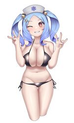  absurdres ass_visible_through_thighs bad_id bad_pixiv_id bikini bikini_bottom_pull black_bikini blue_hair blue_nails blush breasts cleavage cropped_legs cube_hair_ornament female grey_hat grin groin hair_ornament hands_up hat highres large_breasts nail_polish navel nurse_cap one_eye_closed original paravene red_hair rod_of_asclepius side-tie_bikini_bottom sidelocks simple_background smile solo swimsuit thigh_gap twintails white_background 