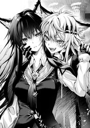  2girls absurdres animal_ear_fluff animal_ears arknights ascot bite_mark bite_mark_on_neck breasts collared_shirt fangs fingerless_gloves gloves greyscale hair_between_eyes hand_grab hand_on_another&#039;s_cheek hand_on_another&#039;s_face hand_up highres holding_hands interlocked_fingers jacket jacket_on_shoulders lappland_(arknights) long_hair long_sleeves looking_at_another looking_at_viewer medium_breasts messy_hair monochrome multiple_girls open_mouth pillar scar scar_across_eye senju_yosiyuki shirt smile smug sweat teeth texas_(arknights) texas_the_omertosa_(arknights) tongue upper_body v-shaped_eyebrows vest wolf_ears wolf_girl wolf_print yuri 