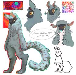  absurd_res alien ambiguous_gender anthro blush blush_lines finger_in_mouth finger_suck fluffy fluffy_tail fur grey_body grey_fur hi_res mammal model_sheet orange_eyes qr_code simple_background solo sucking tail the_nature_of_predators venlil_(the_nature_of_predators) waltzofthewillows white_background 