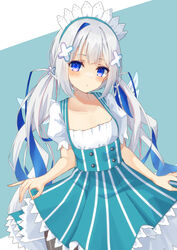  absurdres alternate_costume amane_kanata aqua_background aqua_dress aqua_hairband blue_eyes blue_hair blush clothes_lift collarbone colored_inner_hair cross_hair_ornament dress dress_lift female flat_chest frilled_dress frills grey_hair hair_ornament hairband head_tilt headdress highres hololive kisara_mikami lifting_own_clothes long_hair looking_at_viewer low_twintails multicolored_hair parted_lips puffy_sleeves short_sleeves simple_background solo striped_clothes striped_dress twintails two-tone_dress vertical-striped_clothes vertical-striped_dress virtual_youtuber white_headdress white_sleeves wings 