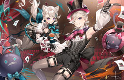  1boy animal_ear_fluff animal_ears aqua_bow black_corset black_gloves black_headwear bow breasts brother_and_sister cat_ears cat_girl cat_tail closed_mouth corset facial_mark facial_tattoo female frilled_leotard frills genshin_impact gloves grey_hair hat highres huge_bow leng7_e leotard long_hair long_sleeves lynette_(genshin_impact) lyney_(genshin_impact) purple_eyes rosseland_(genshin_impact) short_hair siblings smile star_(symbol) star_facial_mark star_tattoo tail tattoo teardrop_facial_mark teardrop_tattoo top_hat two-tone_gloves 