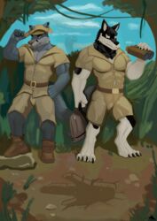  absurd_res barazoku canid canine canis ceil clothed clothing conbook dobie-ace feet forest fox hi_res jungle male mammal muscular plant scotiacon toes tree wolf 