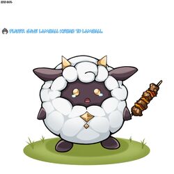  1other cannibalism commentary english_commentary english_text food full_body grass highres holding holding_food horns kebab lamball pal_(creature) palworld simple_background soleisskatsu standing tearing_up white_background wool 