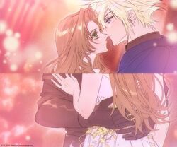  1boy aerith_gainsborough aerith_gainsborough_(white_floral_dress) arms_around_waist bare_arms black_gloves black_shirt blonde_hair blue_cloak blue_eyes blurry blurry_background brown_hair cloak closed_mouth cloud_strife cloud_strife_(alphreid_costume) couple dated derivative_work dress dress_flower earrings female final_fantasy final_fantasy_vii final_fantasy_vii_rebirth final_fantasy_vii_remake flower gloves green_eyes hair_between_eyes hand_on_another&#039;s_arm hands_on_another&#039;s_back highres imminent_kiss jewelry light_blush long_hair neveromance parted_bangs romeo_and_juliet rose shirt short_hair sidelocks single_earring spiked_hair straight twitter_username upper_body wavy_hair white_dress yellow_flower yellow_rose 