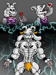  14_packs 3:4 anthro arm_tattoo asriel_dreemurr_(god_form) bean big_muscles big_pecs bovid caprine chest_tattoo clothing fingers flexing flexing_bicep flexing_both_biceps fur gin98 glowing glowing_eyes goat growth hair heart_symbol hi_res horn huge_muscles huge_pecs huge_thighs leg_tattoo male mammal muscular muscular_arms muscular_legs muscular_male pecs pubes purple_clothing solo tattoo teeth thick_thighs undertale undertale_(series) vein veiny_arms veiny_muscles white_body white_fur 