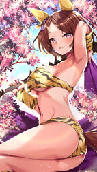  absurdres animal_ears animal_print armpits ass bikini breasts brown_hair cherry_blossoms club_(weapon) commission ear_covers female flower_in_eye groin highres holding holding_club holding_weapon horse_ears horse_girl horse_tail looking_at_viewer navel parted_bangs presenting_armpit print_bikini purple_eyes ral_(ralf) sakura_laurel_(oni_laurel)_(umamusume) sakura_laurel_(umamusume) shoes short_hair skeb_commission smile solo swimsuit symbol-shaped_pupils symbol_in_eye tail thighs tiger_print umamusume umamusume:_star_blossom weapon yellow_bikini 