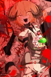  barbed_wire blonde_hair blood blood_on_clothes cowboy_shot don_quixote_(project_moon) e.g.o_(project_moon) female hammer highres holding holding_hammer horns jacket lemonail light_bulb limbus_company lobotomy_corporation meat_lantern_(project_moon) open_mouth pants project_moon sharp_teeth sheep_horns smile solo teeth white_jacket white_pants yellow_eyes 