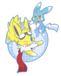  2016 3_fingers 3_toes alpha_channel bell bell_collar blue_body blue_eyes blue_fur bubble cel_shading cheek_tuft collar cute_fangs dated digital_drawing_(artwork) digital_media_(artwork) duo eevee eeveelution eyewear eyewear_on_head facial_tuft fakemon feet feral fiakaiera fingers fur generation_1_pokemon goggles goggles_on_head half-closed_eyes head_tuft hi_res jolteon mac_(shrike_alvaron) male narrowed_eyes neck_tuft nintendo open_mouth paws pikachu pokemon pokemon_(species) scarf shaded shrike_alvaron signature simple_background tail tail_tuft toes tongue transparent_background tuft white_body white_fur yellow_body yellow_eyes yellow_fur 