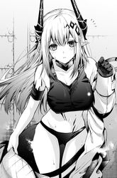  absurdres arknights armband armpit_crease bare_shoulders breasts collar cowboy_shot double-parted_bangs female greyscale hair_between_eyes hair_ornament highres horns infection_monitor_(arknights) jumpsuit large_breasts light_blush long_hair looking_at_viewer material_growth midriff monochrome mudrock_(arknights) mudrock_(elite_ii)_(arknights) navel oripathy_lesion_(arknights) panties parted_lips partially_undressed pointy_ears senju_yosiyuki skindentation solo sports_bra steaming_body sweat thighs underwear 