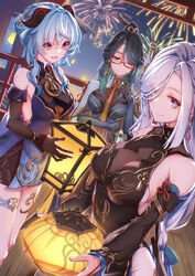  3girls :d absurdres aerial_fireworks aqua_hair bare_shoulders black_dress black_hair blue_dress blue_hair breasts cloud_retainer_(genshin_impact) colored_inner_hair commentary_request detached_sleeves dress elbow_gloves fall4592 fireworks ganyu_(genshin_impact) ganyu_(twilight_blossom)_(genshin_impact) genshin_impact glasses gloves highres holding horns large_breasts long_hair long_sleeves looking_at_viewer multicolored_hair multiple_girls official_alternate_costume open_mouth purple_eyes red-framed_eyewear shenhe_(frostflower_dew)_(genshin_impact) shenhe_(genshin_impact) smile thighs white_hair xianyun_(genshin_impact) 