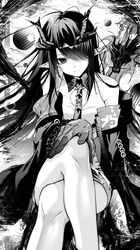  absurdres arknights bare_shoulders bead_necklace beads colored_skin crossed_arms dragon dragon_girl dragon_horns dress dusk_(arknights) earrings female greyscale hair_over_one_eye highres horns jewelry long_hair looking_at_viewer monochrome necklace necktie off_shoulder pointy_ears screentones senju_yosiyuki sidelocks sleeveless sleeveless_dress solo tassel tassel_earrings 