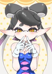  bare_shoulders black_eyeshadow black_hair blue_dress bow-shaped_hair breasts callie_(splatoon) cleavage collar commentary_request detached_collar dress earrings eyelashes eyeshadow female fingers_to_mouth gloves gradient_hair highres hoop_earrings inkling jewelry koharu2.5 makeup mole mole_under_eye multicolored_hair parted_lips pink_hair red_pupils solo splatoon_(series) star-shaped_pupils star_(symbol) strapless strapless_dress symbol-shaped_pupils thick_eyebrows two-tone_hair upper_body white_collar white_gloves yellow_background yellow_eyes 