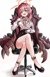  absurdres aru_(blue_archive) bare_legs black_skirt blue_archive blush breasts coat coat_on_shoulders crossed_legs demon_horns female fur-trimmed_coat fur_trim gloves halo high-waist_skirt highres horns kaminose_(user_veum4325) looking_at_viewer medium_breasts neck_ribbon nervous_sweating oerba_yun_fang on_chair pink_hair red_ribbon ribbon shirt simple_background sitting skin_fang skirt solo sweat white_background white_gloves white_shirt 