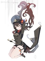  absurdres black_shorts breasts brown_hair chinese_clothes female full_body genshin_impact halterneck hat highres hu_tao_(genshin_impact) long_sleeves mochi_upamo porkpie_hat red_eyes shorts skindentation small_breasts symbol-shaped_pupils thick_thighs thigh_strap thighs twintails 