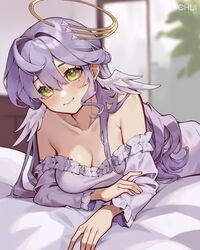  bare_shoulders breasts chui_art cleavage female green_eyes halo head_wings highres honkai:_star_rail honkai_(series) long_hair long_sleeves looking_at_viewer medium_breasts off-shoulder_shirt off_shoulder purple_hair purple_shirt robin_(honkai:_star_rail) shirt smile solo wings 