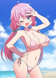  ;d beach bikini blue_eyes blue_scrunchie blue_sky boku_to_kanojo_no_onani_life breasts cloud cloudy_sky commentary_request cowboy_shot day female groin hair_ornament hair_scrunchie halterneck hand_on_own_hip hoppege horizon large_breasts long_hair looking_at_viewer low_twintails navel one_eye_closed open_mouth outdoors pink_bikini pink_hair salute scrunchie second-party_source side-tie_bikini_bottom sky smile solo standing string_bikini striped_bikini striped_clothes sweatdrop swimsuit tomomi_(boku_to_kanojo_no_onani_life) twintails two-finger_salute yumehiko 