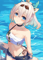  absurdres arm_support arms_at_sides bare_shoulders bell bikini black_choker black_shorts blonde_hair blue_eyes blush breasts choker cleavage collarbone cowboy_shot day denim denim_shorts female from_above furrowed_brow hair_between_eyes highres hololive jingle_bell kazama_iroha kisara_mikami looking_at_viewer looking_up medium_breasts medium_hair navel o-ring ocean open_clothes open_shorts outdoors parted_lips ponytail railing sarashi shorts single_strap standing string_bikini swimsuit virtual_youtuber water wristband 