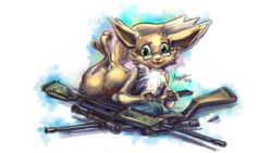  16:9 2016 3_toes 4_fingers 4k absurd_res alpha_channel ambiguous_gender ammunition anthro black_nose brown_body brown_fur bullet cheek_tuft eevee eyewear facial_tuft feet feet_in_air fingers fur generation_1_pokemon glasses green_eyes gun hi_res kiaun lying neck_tuft nintendo open_mouth pawpads paws pokemon pokemon_(species) raised_tail ranged_weapon rifle scope simple_background sniper_rifle solo straviios tail tan_body tan_fur toes tongue transparent_background tuft weapon widescreen 