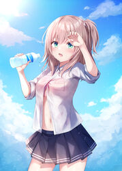  blouse blue_skirt blue_sky boku_to_kanojo_no_onani_life bottle bra bra_peek cloud cloudy_sky commentary_request cowboy_shot day female hair_tie holding holding_bottle long_sleeves looking_at_viewer medium_hair miniskirt naomi_(boku_to_kanojo_no_onani_life) one_side_up open_mouth outdoors partially_unbuttoned pleated_skirt school_uniform second-party_source shirt shishou_(doragyurosu) skirt sky sleeves_rolled_up smile solo standing sweat underwear water_bottle white_shirt yumehiko 