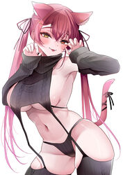  :p absurdres alternate_costume animal_ears black_garter_straps black_panties black_sleeves black_sweater black_thighhighs blush breasts cat_ears cat_tail closed_mouth commentary_request cropped_sweater detached_sleeves female garter_straps hair_between_eyes hair_ribbon hands_up heterochromia highres hinoki_kahun0 hololive houshou_marine large_breasts long_hair long_sleeves looking_at_viewer meme_attire navel panties red_eyes red_hair ribbed_panties ribbed_sleeves ribbed_sweater ribbed_thighhighs ribbon sideboob simple_background sleeveless sleeveless_sweater sleeveless_turtleneck sleeves_past_wrists smile solo stomach sweater tail tail_ornament tail_ribbon thighhighs tongue tongue_out turtleneck turtleneck_sweater twintails underboob underwear virgin_destroyer_sweater virtual_youtuber white_background yellow_eyes 