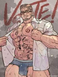  1boy abs bara bare_pectorals blue_male_underwear blush body_writing boxer_briefs brown_hair bulge collared_shirt cowboy_shot facial_hair forked_eyebrows glasses highres large_pectorals looking_at_viewer male_focus male_underwear mature_male moustache muscular muscular_male navel navel_hair nipples no_pants onionworkshop opened_by_self original paid_reward_available pectorals pencil_mustache shirt short_hair smile solo sparse_navel_hair stomach superman_exposure sweat thick_thighs thighs underwear very_sweaty 