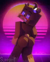  1girls 3d anthro ass bia_prowell_(slipperyt) big_ass blush brown_eyes brown_skin character dat_ass female female_only from_behind furry horny_female humanoid looking_back mine-imator minecraft neon_grid outside slipperyt smile solo synthwave tagme teddy_bear vaporwave 