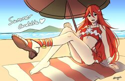  bare_shoulders beach bikini commentary_request cordelia_(fire_emblem) cordelia_(summer)_(fire_emblem) day feet female fire_emblem fire_emblem_awakening fire_emblem_heroes hair_ornament high_heels long_hair looking_at_viewer open_mouth outdoors parasol red_bikini red_eyes red_hair sandals shell solo starfish streyah summer swimsuit thighs umbrella 