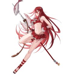  armpits bare_shoulders bikini bikini_skirt breasts cordelia_(fire_emblem) cordelia_(summer)_(fire_emblem) female fingerless_gloves fingernails fire_emblem fire_emblem_awakening fire_emblem_heroes fish full_body gloves hair_ornament head_tilt high_heels highres holding holding_weapon leg_up long_hair looking_at_viewer mayo_(becky2006) navel non-web_source official_art parted_lips polearm red_eyes red_hair rope sandals sidelocks small_breasts smile solo spear swimsuit toeless_footwear transparent_background weapon 