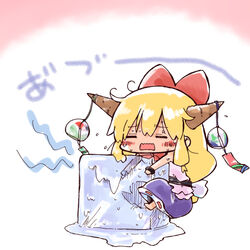  blonde_hair blush closed_eyes commentary_request female horn_ornament horns ibuki_suika ice ice_cube kasuga_yuuki long_hair ribbon skirt solo sweat touhou wavy_mouth 