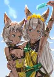  2girls animal_ears aqua_eyes armlet bare_shoulders bloom breast_press breasts cat_ears chromatic_aberration cleavage commentary_request dark-skinned_female dark_skin dress erune flower food granblue_fantasy grey_hair hair_flower hair_ornament hand_on_another&#039;s_arm holding lens_flare long_hair looking_at_another medium_breasts melleau multiple_girls nemone open_mouth popsicle short_hair siblings sideboob sisters sweat upper_body w0lpe_(rapi) 