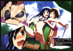  2girls :d ^_^ accel_world antenna_hair barefoot beach_umbrella bent_over bikini black_eyes black_hair blush breasts brown_hair chair cleavage closed_eyes feet foreshortening grabbing grabbing_another&#039;s_breast grabbing_from_behind highres hima kuroyukihime long_hair lounge_chair multiple_girls one-piece_swimsuit open_mouth outstretched_arms palm_tree photoshop_(medium) pink_one-piece_swimsuit scan short_hair sitting small_breasts smile swimsuit tree umbrella wakamiya_megumi wavy_mouth 