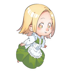  apron bad_id bad_pixiv_id blonde_hair blush buttons chibi dress elaine female frilled_apron frilled_sleeves frills full_body green_dress long_sleeves looking_at_viewer maid maid_apron makino_(makibanosong) nanatsu_no_taizai short_hair smile white_apron white_background yellow_eyes 