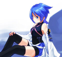  aqua_(kingdom_hearts) arm_support bare_shoulders black_thighhighs blue_eyes blue_hair breasts closed_mouth commentary_request detached_sleeves female fujiymn hand_on_own_knee kingdom_hearts kingdom_hearts_birth_by_sleep long_sleeves medium_breasts photoshop_(medium) short_hair solo thighhighs wide_sleeves zettai_ryouiki 