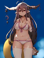  absurdres antenna_hair arm_behind_back ass_visible_through_thighs bandaged_arm bandages bare_shoulders bikini blue_sky breasts cleavage collarbone commentary_request cowboy_shot crescent danua danua_(summer)_(granblue_fantasy) day doll draph female front-tie_bikini_top front-tie_top granblue_fantasy hair_between_eyes hand_on_own_chest hansel_(granblue_fantasy) highres horn_ornament horns innertube jewelry katsudansou large_breasts light_frown long_hair navel necklace o_o official_alternate_costume pointy_ears purple_hair red_eyes side-tie_bikini_bottom sky solo swim_ring swimsuit thighhighs very_long_hair white_bikini white_thighhighs 