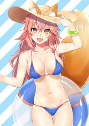  :d absurdres animal_ears arm_up atora bad_id bad_pixiv_id bikini blue_bikini blush bracelet breasts brown_eyes collarbone commentary_request cowboy_shot ears_through_headwear fate/grand_order fate_(series) female fox_ears fox_print fox_tail hair_between_eyes hand_up hat highres innertube jewelry large_breasts long_hair looking_at_viewer messy_hair navel oerba_yun_fang open_mouth pink_hair sidelocks smile solo striped striped_background sun_hat swim_ring swimsuit tail tamamo_(fate) tamamo_no_mae_(swimsuit_lancer)_(fate) 