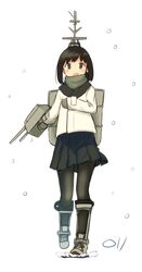  alternate_costume black_eyes black_hair coat female fubuki_(kancolle) full_body highres kantai_collection ma_rukan mast open_mouth pantyhose pleated_skirt remodel_(kantai_collection) rigging scarf school_uniform serafuku simple_background skirt smile smokestack snowing turret winter_clothes winter_coat winter_gloves 