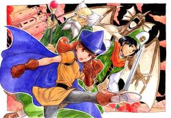  2boys alena_(dq4) ass breasts brey cape clift closed_mouth commentary_request curly_hair dragon dragon_quest dragon_quest_iv female gloves hat legs long_hair monster multiple_boys orange_hair pantyhose sio2_(nisankakeiso) skirt yellow_skirt 