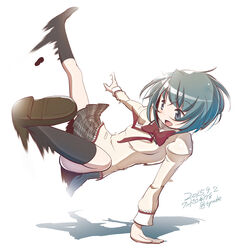  blue_eyes blue_hair breakdance chauke commentary_request dancing female mahou_shoujo_madoka_magica mahou_shoujo_madoka_magica_(anime) miki_sayaka mitakihara_school_uniform school_uniform shoe_loss shoes short_hair simple_background single_shoe solo unworn_shoes white_background 