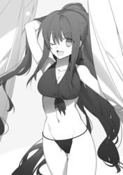  ;d arm_up bikini breasts cleavage collarbone cowboy_shot curtains female floating_hair front-tie_bikini_top front-tie_top greyscale groin hair_between_eyes hand_in_own_hair highres kimi_to_boku_no_saigo_no_senjou_arui_wa_sekai_ga_hajimaru_seisen long_hair looking_at_viewer medium_breasts monochrome navel nekonabe_ao nene_alkastone non-web_source novel_illustration official_art one_eye_closed open_mouth ponytail smile solo standing star_(symbol) swimsuit thigh_gap very_long_hair 