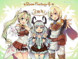  1boy 2girls :d anniversary blue_eyes cape commentary_request copyright_name double_v frey_(rune_factory) gloves gold_trim green_eyes green_hair highres lest_(rune_factory) long_hair mg_kurino multiple_girls open_mouth outstretched_hand purple_eyes rune_factory rune_factory_4 sandwiched silver_hair skirt sleeveless smile syelzaweed thighhighs twintails twitter_username v wavy_mouth white_gloves white_skirt 