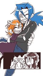  4girls ^_^ aura bloody_marie_(skullgirls) blue_hair carol_(skullgirls) casual closed_eyes commentary_request cut-in grin hug jealous multiple_girls no_headwear nyoro_mutou orange_hair painwheel_(skullgirls) peacock_(skullgirls) skullgirls smile valentine_(skullgirls) |_| 