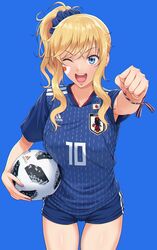  2018_fifa_world_cup :d adidas ball blonde_hair blue_eyes blue_scrunchie blue_shorts clenched_hand commentary cowboy_shot facepaint female highres holding holding_ball idolmaster idolmaster_cinderella_girls japan japanese_flag jersey logo long_hair nigou ohtsuki_yui one_eye_closed open_mouth outstretched_arm ponytail scrunchie shirt short_shorts shorts sidelocks smile soccer soccer_ball soccer_uniform solo sportswear telstar_18 thigh_gap thighs wavy_hair world_cup 